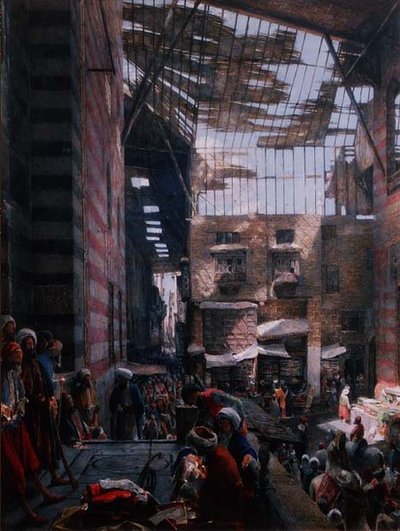Udsigt over gaden og moskeen i Ghooreyah, Kairo af John Frederick Lewis