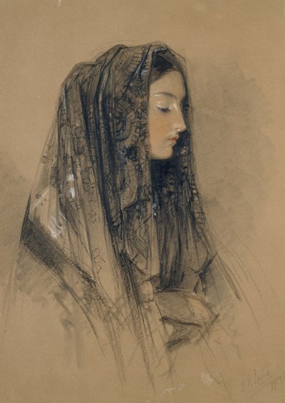Hoved af en italiensk pige i en mantilla, 1838 (rødt og sort kridt og indisk blæk med akvareller og kropsfarver på buff bord) af John Frederick Lewis