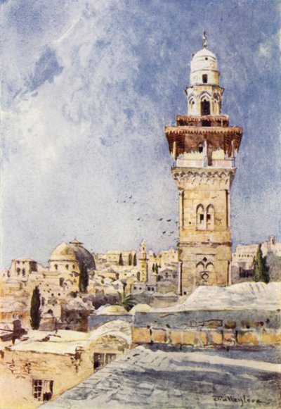 En minaret i det nordvestlige hjørne af tempelområdet (farve litho) af John Fulleylove