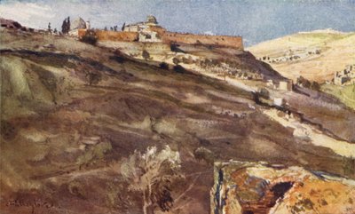 Jerusalem, tempelområdets sydmur, fra Hinnom-dalen, ved solnedgang af John Fulleylove