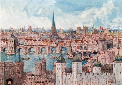 Old London Bridge i 1386 (farvelitografi) af John Fulleylove