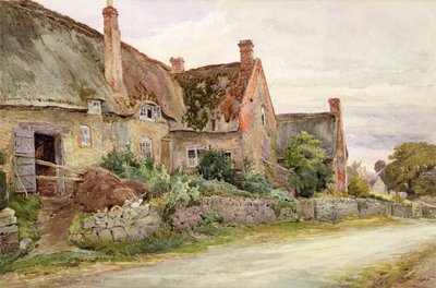Stråtækt sommerhus med lade tilstødende, 1881 (wc & grafit på papir) af John Fulleylove