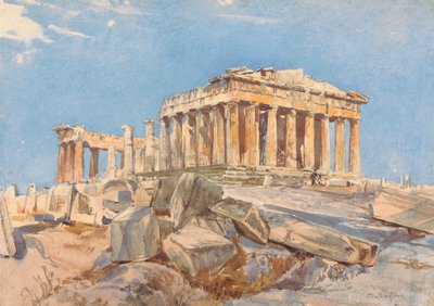 Parthenon fra den nordlige ende af den østlige portik af Propylae, aftenlys af John Fulleylove