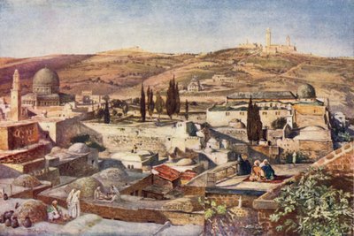 Tempelområdet og Oliebjerget, fra Zions bjerg (farve litho) af John Fulleylove