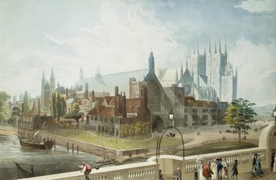 Westminster Hall and Abbey, indgraveret af Daniel Havell (1785-1826) udgivet af Rudolph Ackermann (1764-1834) 1819 (farvet akvatint) af John Gendall