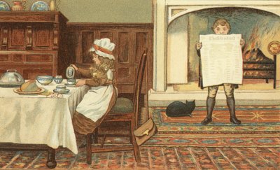 Morgenmad (farve litho) af John George (after) Sowerby