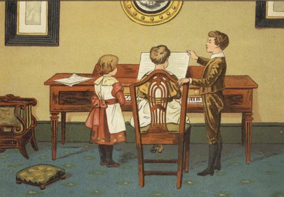 Børn øver ved klaveret (farve litho) af John George (after) Sowerby