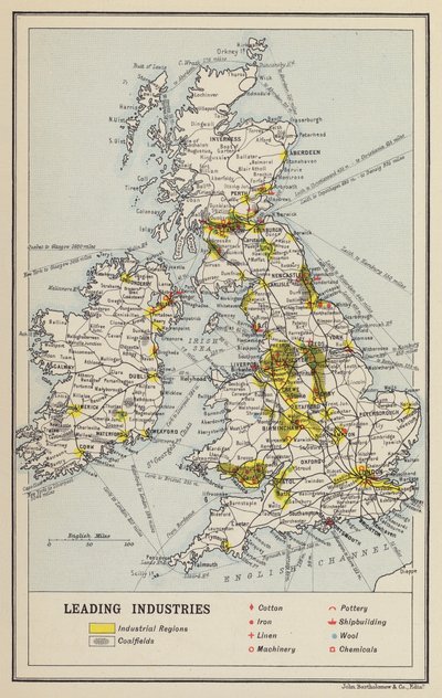 De britiske øer, økonomi, førende industrier (litografi) af John George Bartholomew
