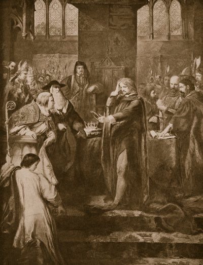 Kong Richard II afgiver kronen til sin fætter Bolingbroke, illustration fra "Hutchinson
