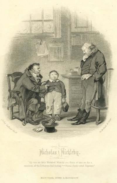 Nicholas Nickleby: Wackford Squeers og Young Wackford Squeers, indgraveret af H.B. Hall og sønner, 1867 af John Gilbert