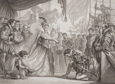 Dronning Elizabeth I (1530-1603) udnævner Francis Drake (1540-96) til ridder fra "Illustrations of English and Scottish History" bind I af John Gilbert