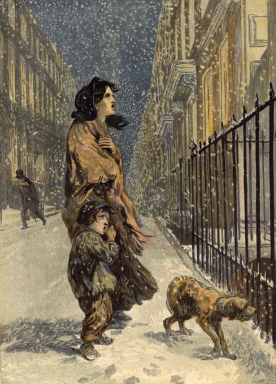 De hjemløse fattige, mor og barn med hund i sneen (chromolitho) af John Gilbert