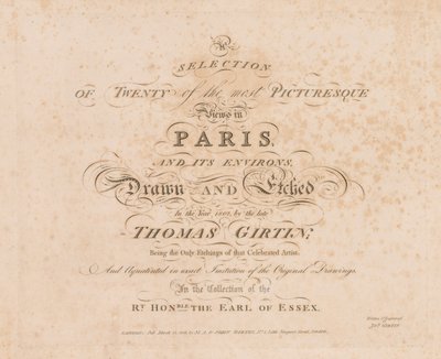 Et udvalg af tyve af de mest maleriske udsigter i Paris og omegn: Titelside, 1803. af John Girtin