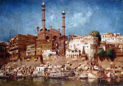 En udsigt over Ghats med Aurangzebs moske, Benares af John Gleich