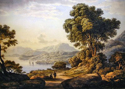 Udsigt i Lake District (akvarel på papir) af John Glover