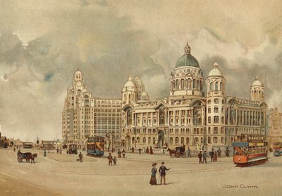 Liverpool: Kontorer for Mersey Docks and Harbour Board, The Liver Building osv., Approach to the Landing Stage (farve litho) af John Glynn