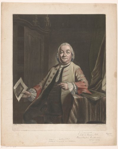 Portræt af Simon Fokke med i hånden aftrykket af plyndringen af ​​Gerrit Hagedoorens hus, 1751 af John Greenwood
