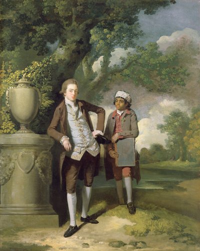 En ung mand med sin indiske tjener med en portefølje (olie på lærred) af John Hamilton Mortimer