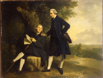 Dobbeltportræt af Thomas Somers Cocks og Richard Cocks fra Castleditch, begge små i fuld længde, førstnævnte i en blå frakke og vest med en sort trehjørning, sidstnævnte sidder i en blå frakke og vest med et manuskript, i et landskab, af John Hamilton Mortimer