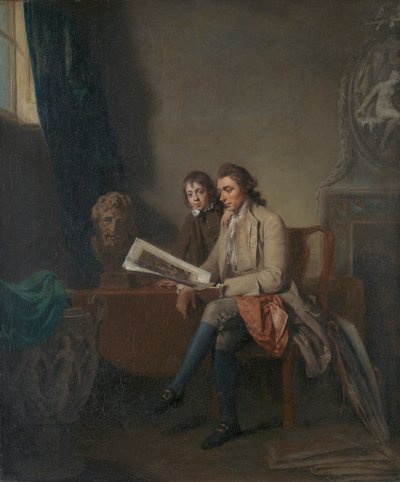 Portræt af en mand og en dreng, der ser på tryk af John Hamilton Mortimer