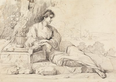 Tilbagelænet kvindeskikkelse i et italiensk landskab af John Hamilton Mortimer
