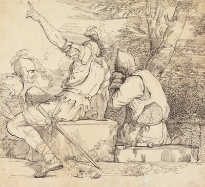 Tre soldater i rustning sidder på stenblokke af John Hamilton Mortimer