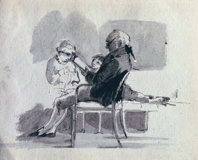 En far læser for sine børn (pen og blækvask på papir) af John Harden