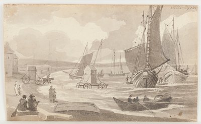 Bademaskiner i Allonby, Cumbria, 1812 (wc på papir) af John Harden