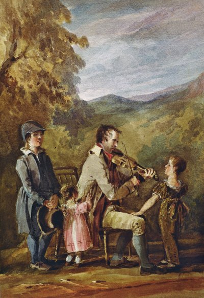 Blind Fiddler (blæk og wc på papir) af John Harden