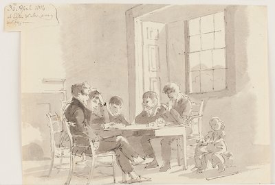 Drenge, der læser i Storrs, Elterwater, 1814 (pen og blæk med vask på papir) af John Harden