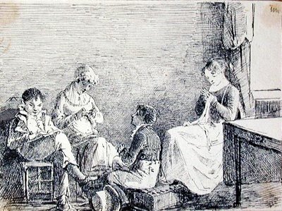 Familiegruppe i et interiør (pen og blæk på papir) af John Harden