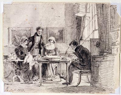 Familiegruppesyning og læsning, 10. oktober 1823 (pen og blæk på papir) af John Harden