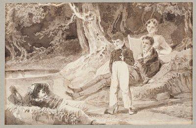 Fire figurer blandt træerne på en varm dag, 1807 (wc på papir) af John Harden