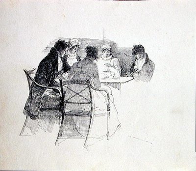 Gruppe samlet omkring et bord (pen og blæk på papir) af John Harden