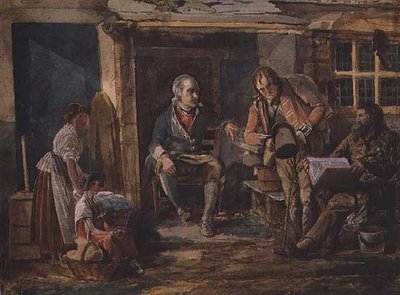 Gruppe inklusive en soldat uden for en hyttedør (akvarel på papir) af John Harden