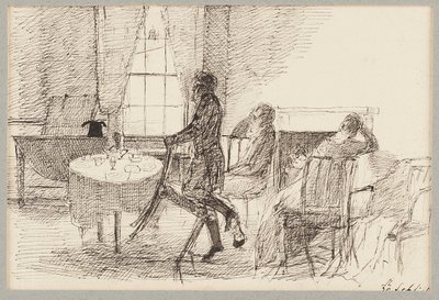 Interiør med figurer (pen og blæk på papir) af John Harden