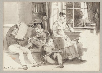 Jessy og tre børn, 1815 (wc på papir) af John Harden