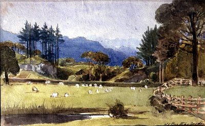 Langdale fra North Shore of Windermere (akvarel på papir) af John Harden