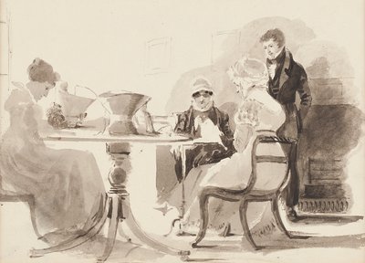 Mand stående ved et bord med tre siddende kvinder (wc på papir) af John Harden