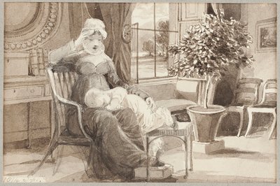 Fru H med baby John William, 1814 (wc på papir) af John Harden