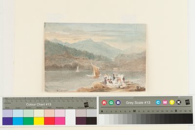Picnic i Windermere med udsigt mod Brathay (wc på papir) af John Harden