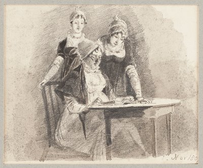 Tre ved et bord, en siddende, 1807 (blyant og vask på papir) af John Harden