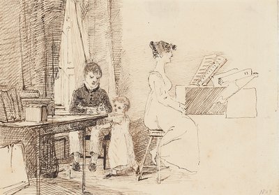 To børn og en kvinde ved klaveret, 1807 af John Harden