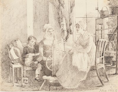 Kvinder ved spindehjulet og en dreng med en legetøjsbåd, 1807 af John Harden