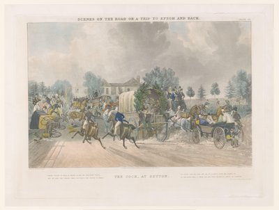 Udsigt over Sutton High Street på Cock kroen The Cock, at Sutton (titel på objekt) Gadebilleder omkring Epsom (serietitel) Scener på vejen eller en tur til Epsom og tilbage (serietitel) af John Harris