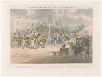 Udsigt over en travl gade foran The Lord Nelson Inn i Cheam-distriktet The Lord Nelson Inn, Cheam (titel på objekt) Gadebilleder omkring Epsom (serietitel) Scener på vejen eller en tur til Epsom og tilbage (serietitel) af John Harris