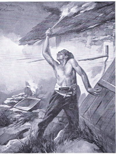 En grænsehændelse fra Balkankrigen 1912, fra Hutchinsons History of the Nations (bind 4) udgivet af Hutchinson, ca. 1920 (litho) af John Harris Valda