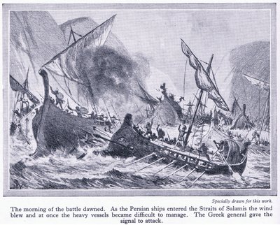 Slaget ved Salamis: Da de persiske skibe kom ind i Salamis-strædet, blæste vinden, og de blev svære at håndtere, ca. 1950 af John Harris Valda