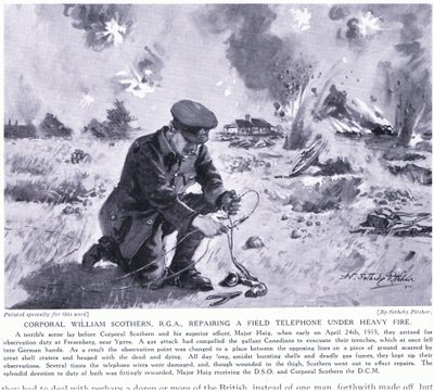 Korporal William Scothern RGA, der reparerede en felttelefon under kraftig beskydning, blev tildelt DCM Ypres maj 1915 af John Harris Valda
