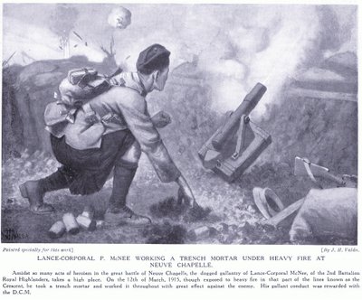 Vicekorporal P McNee arbejder med en skyttegravsmorter under kraftig beskydning ved Neuve Chapelle af John Harris Valda